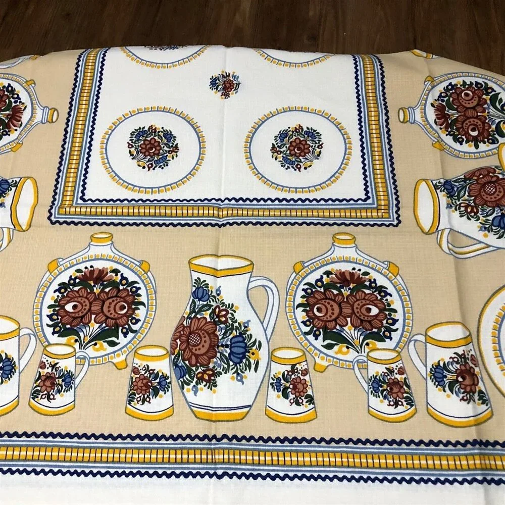 Vintage Tablecloth Pottery Pitcher Plate Floral Ethnic Beige Mid Century